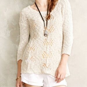 Anthropologie Pointelle Pullover Ivory Tunic Top By Knitted & Knotted Size M